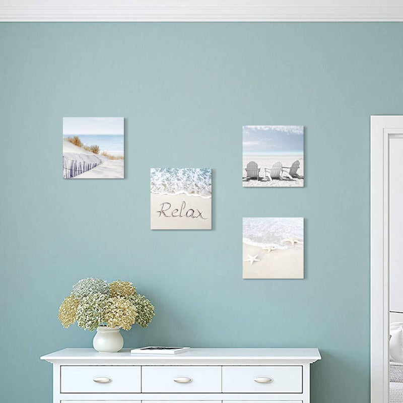 Hardy Gallery Coastal Artwork Beach Wall Art: Starfish & Chairs on Sand Painting with Word Picture on Canvas for Living Room (12â€ x 12'' x 4 Panels) - Image 4